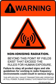 Transmission site large warning sign, zincalume steel, “Beyond this point RF fields…”, red – 300mm x 200mm